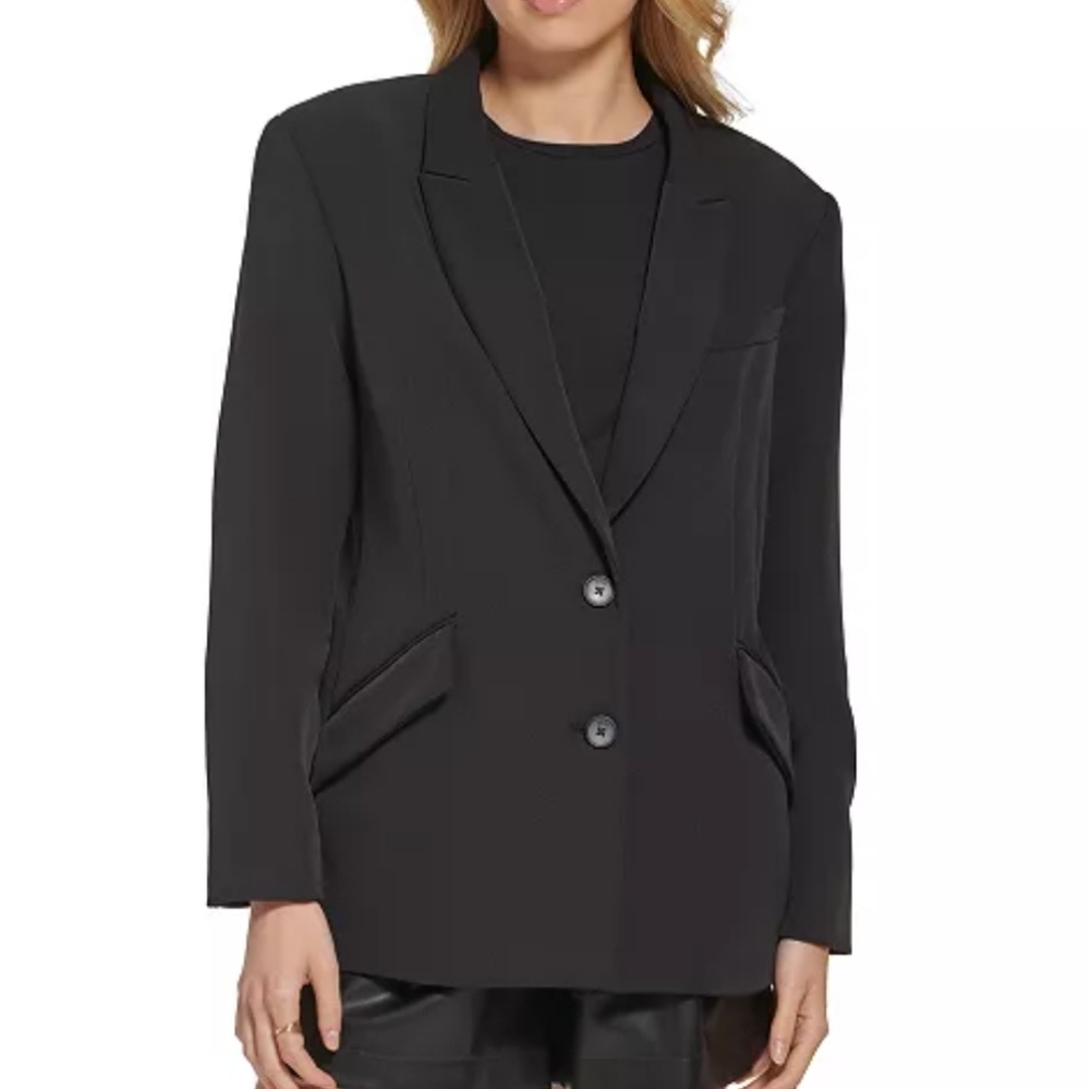 DKNY black women's peak lapel two button long sleeve blazer - Picture 5 of 11
